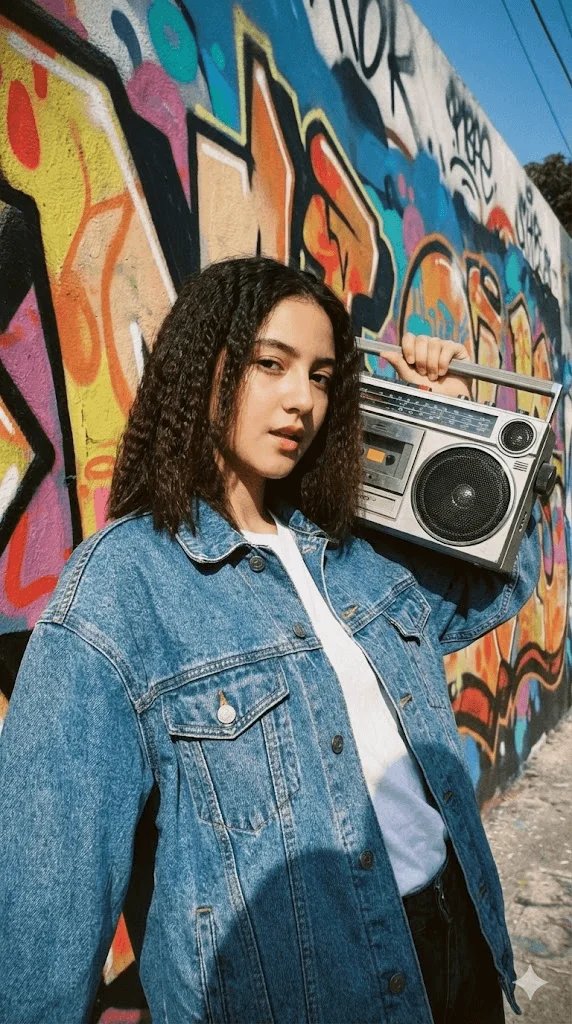Nineties throwback Instagram prompt preview with denim jacket and graffiti wall
