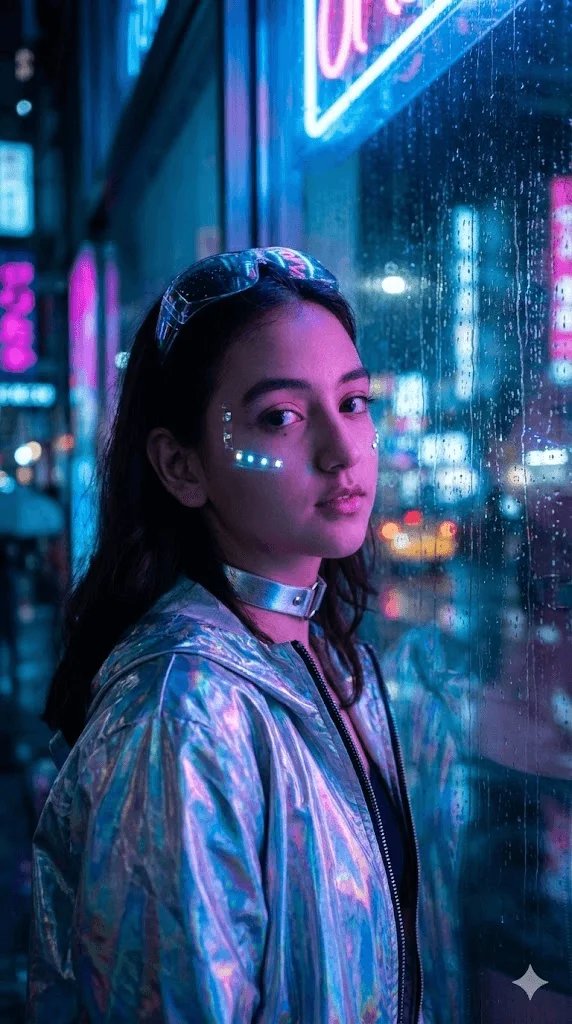 Futuristic neon Instagram prompt preview with blue and magenta cyberpunk lighting