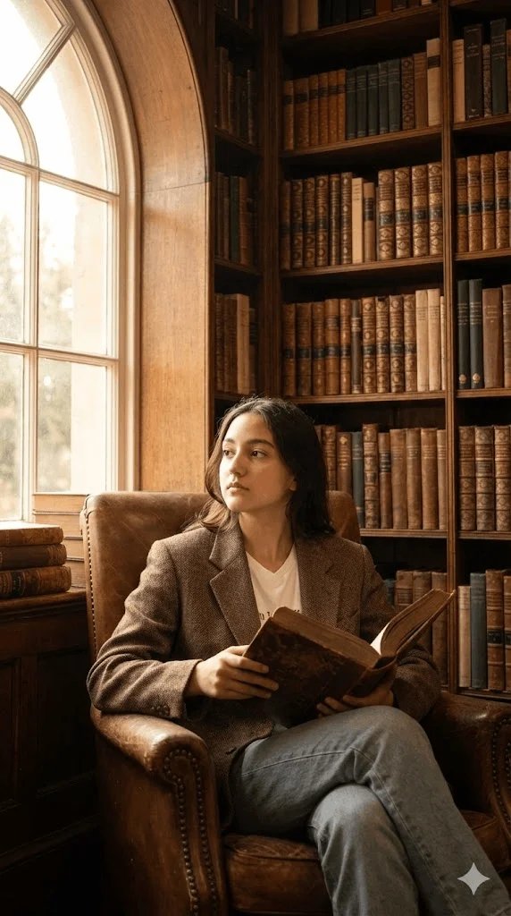 Vintage bookstore Instagram prompt preview with warm afternoon light and bookshelves