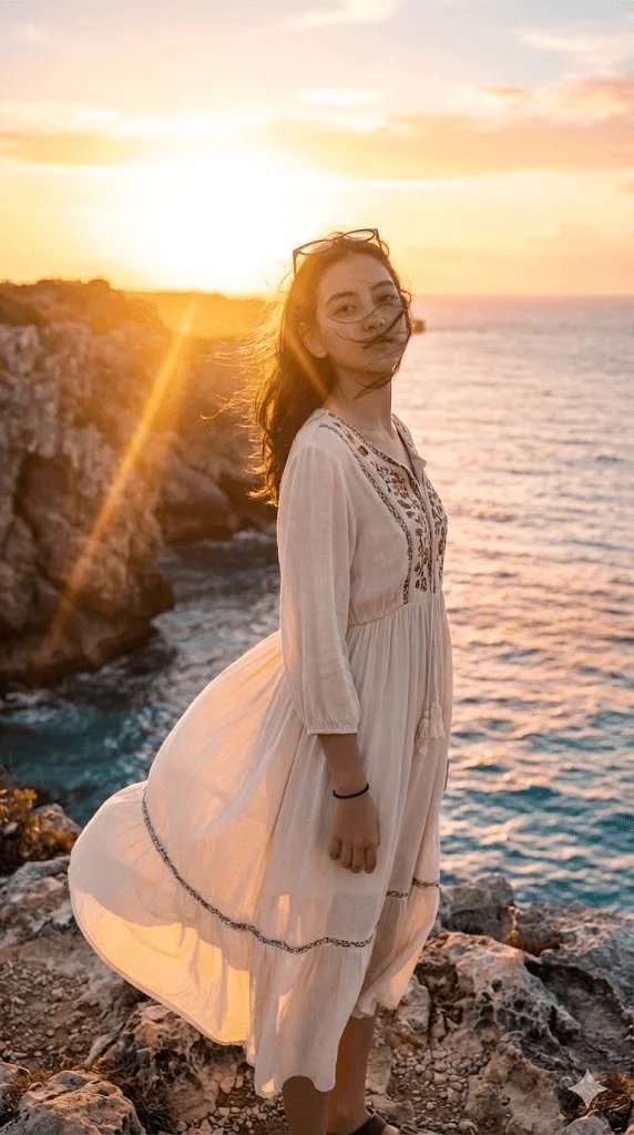 Boho wanderlust Instagram prompt preview with ocean cliff and sunset lighting