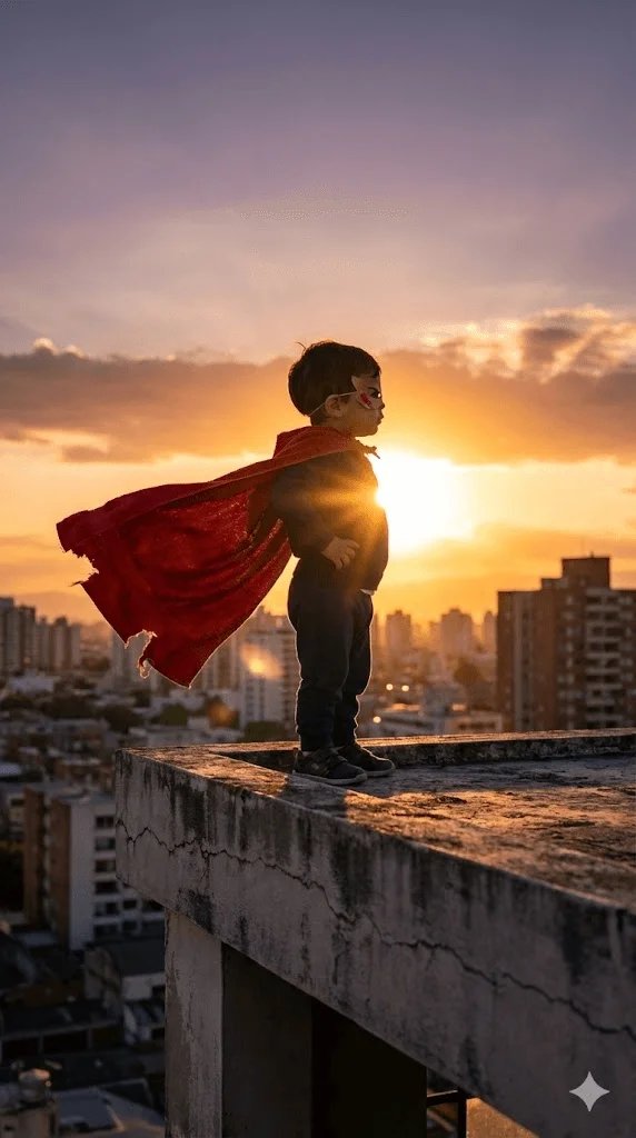 Superhero baby photo prompt preview with red cape and sunset rooftop lighting