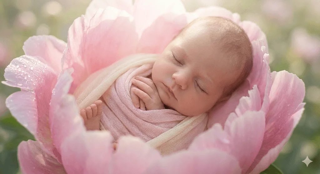 Flower baby photo prompt preview with soft pink petals and dreamy lighting