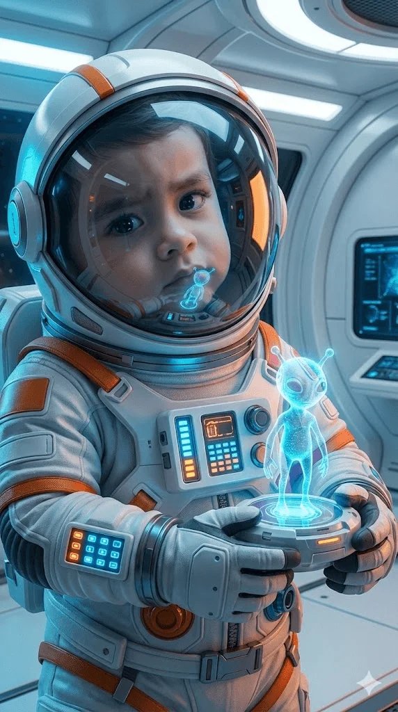 Future tech baby prompt preview with glowing sci-fi portrait details