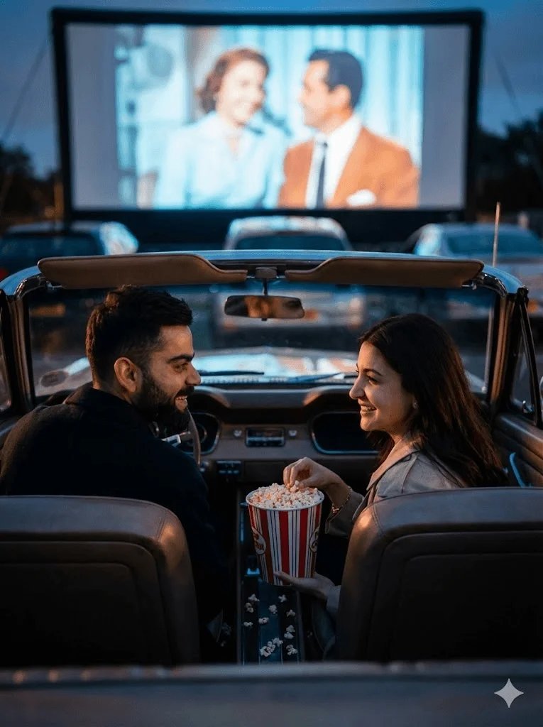 Drive-in movie couple prompt preview with classic car and glowing outdoor movie screen