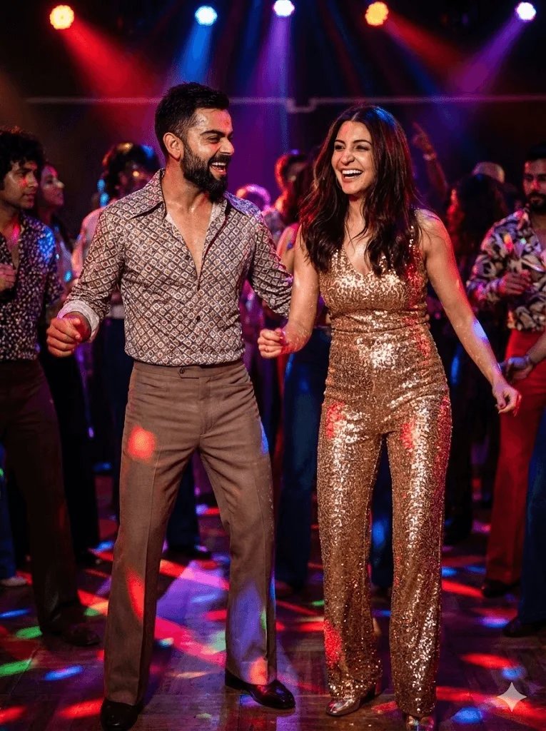 Disco couple prompt preview with 1970s dance floor and colorful lights