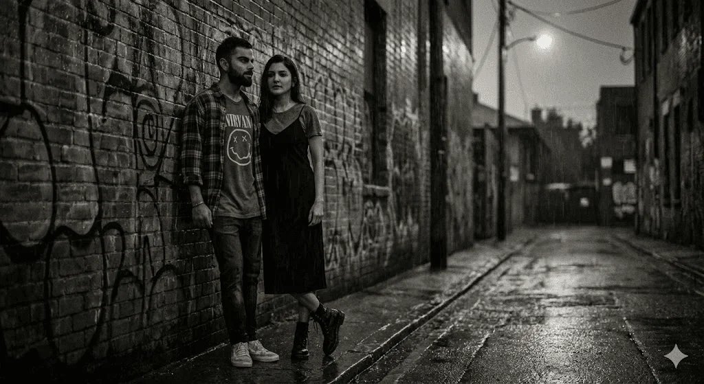 Grunge retro couple prompt preview with 1990s rainy alley and street style outfits