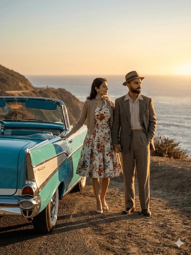 Vintage travel couple prompt preview with classic convertible and coastal sunset road