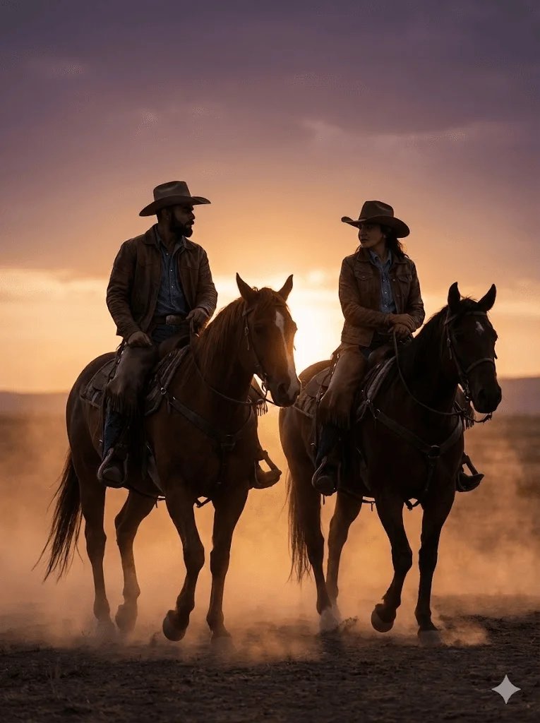 Western couple prompt preview with cowboy outfits and dusty sunrise landscape