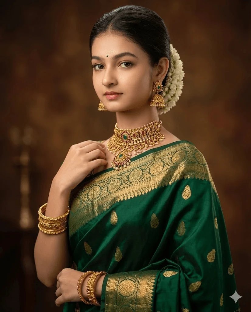 Classic saree portrait prompt preview with emerald silk saree and temple jewelry