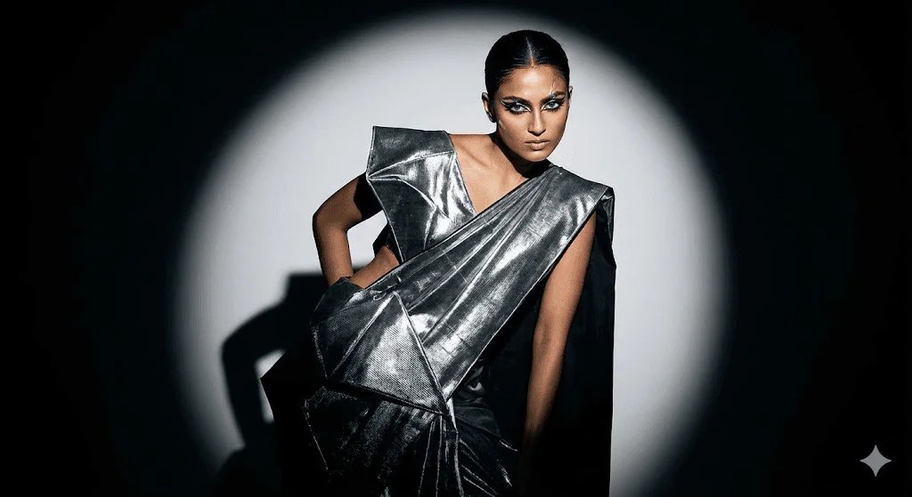 High fashion saree prompt preview with metallic saree and dramatic studio lighting