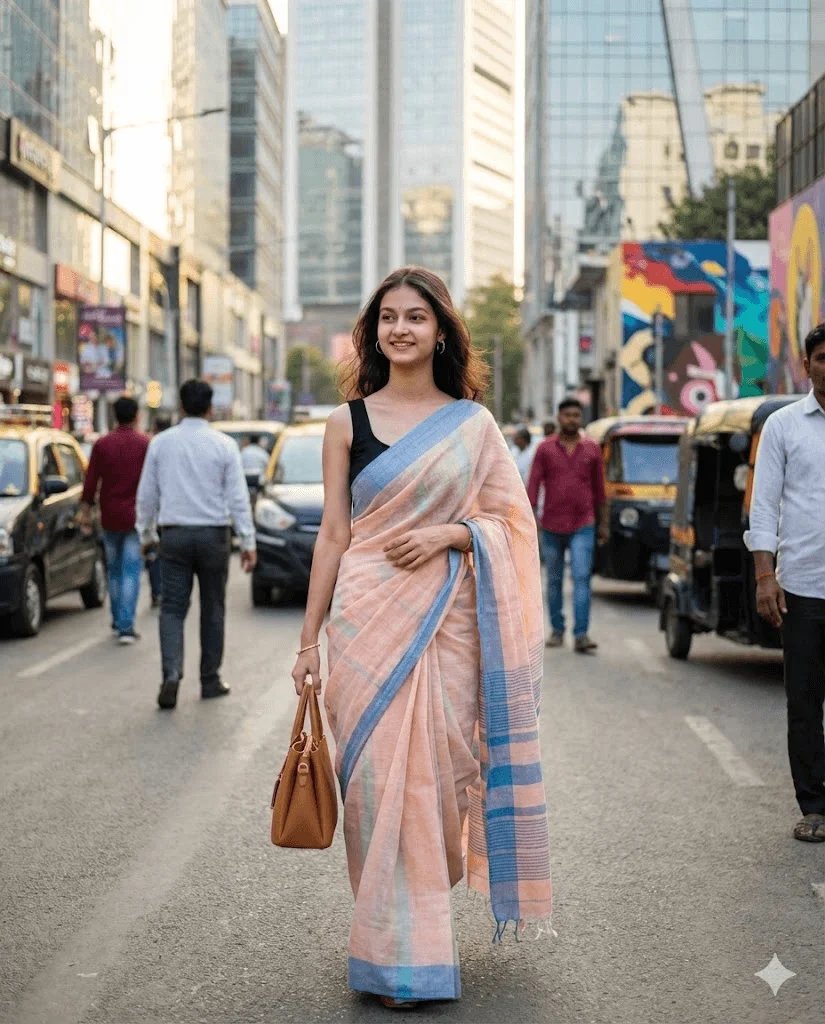 Urban saree fusion prompt preview with pastel saree and city street background