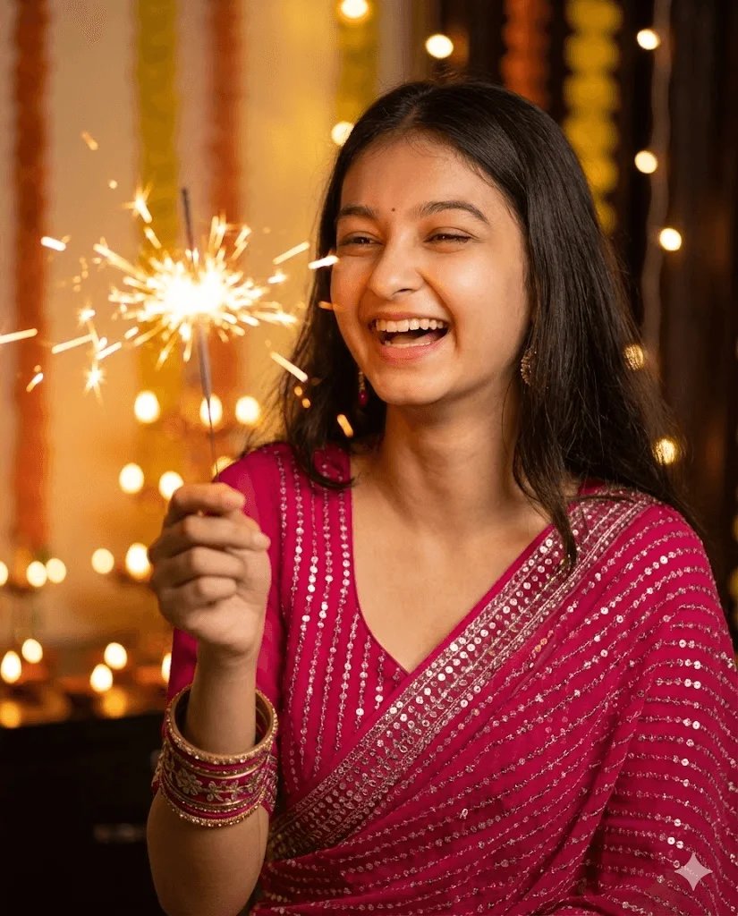 Festive saree prompt preview with fuchsia saree and warm Diwali lights