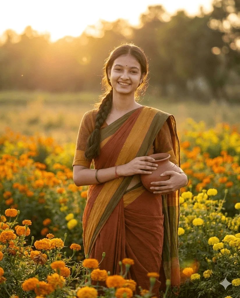 Rustic saree prompt preview with cotton saree and sunlit marigold field