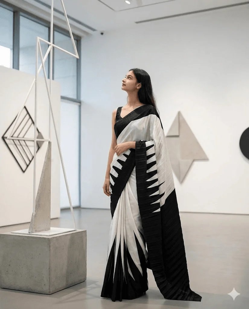Modern art gallery saree prompt preview with monochrome silk saree and sculpture background