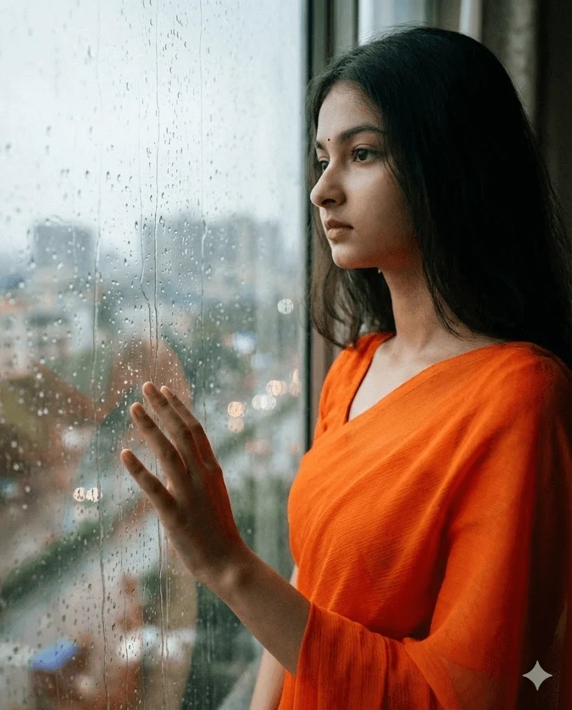 Monsoon saree prompt preview with orange saree and rain streaked window
