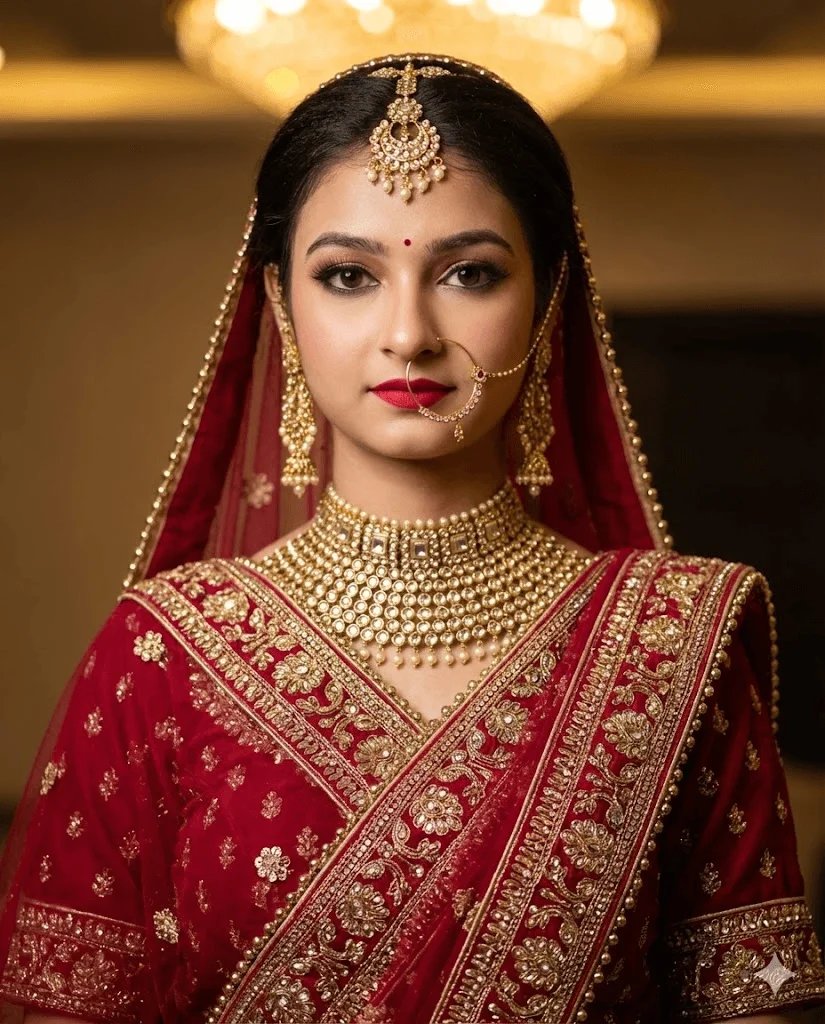 Bridal saree prompt preview with crimson embroidered outfit and gold jewelry