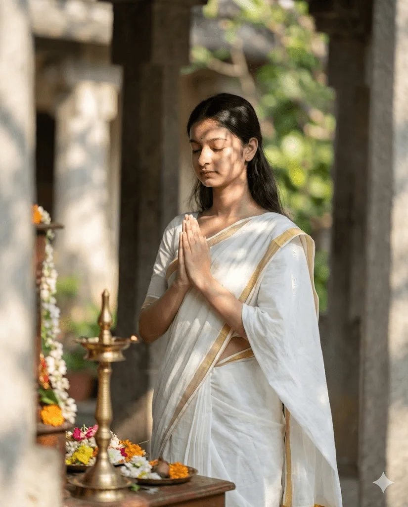 Morning ritual saree prompt preview with white cotton saree and sunlit courtyard