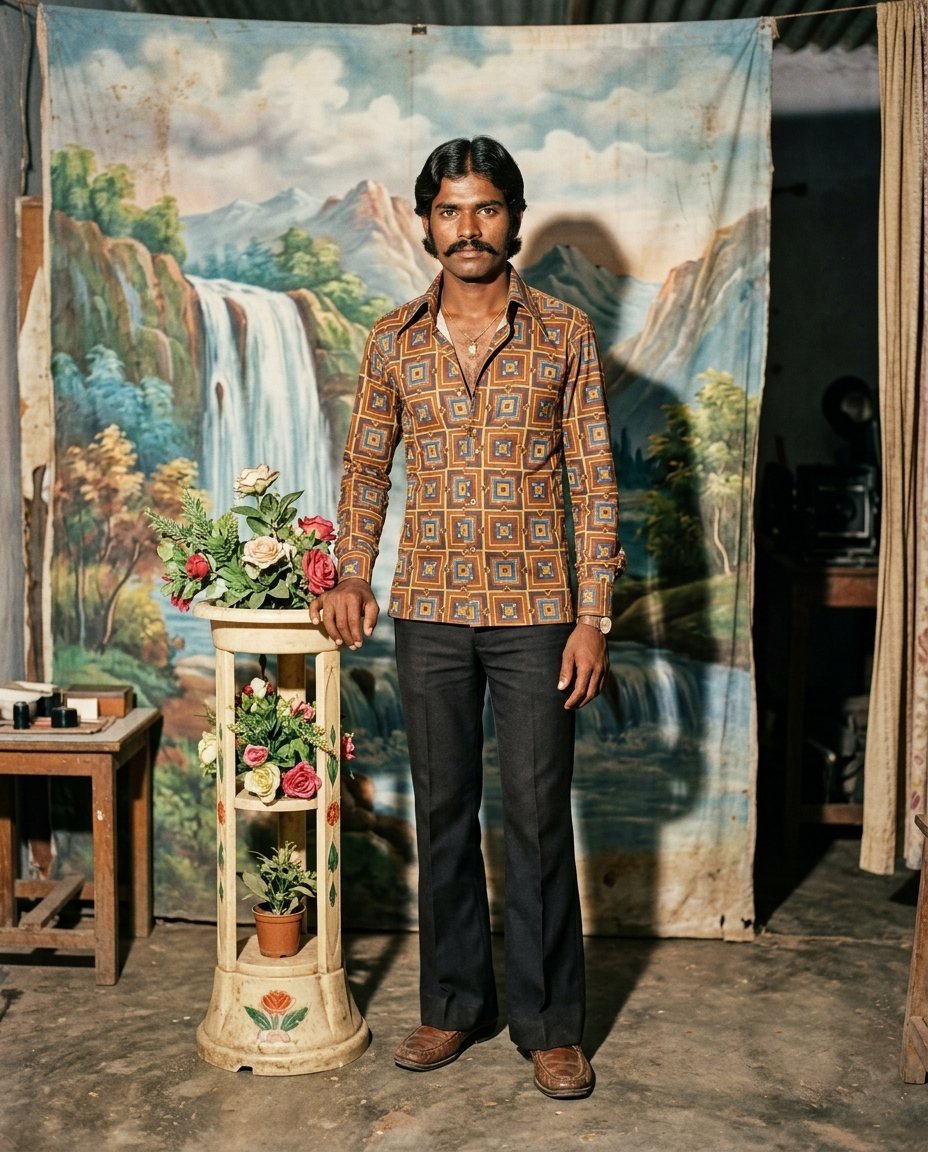 Young man in a printed polyester shirt posing in front of a painted waterfall backdrop in a 1980s photo studio