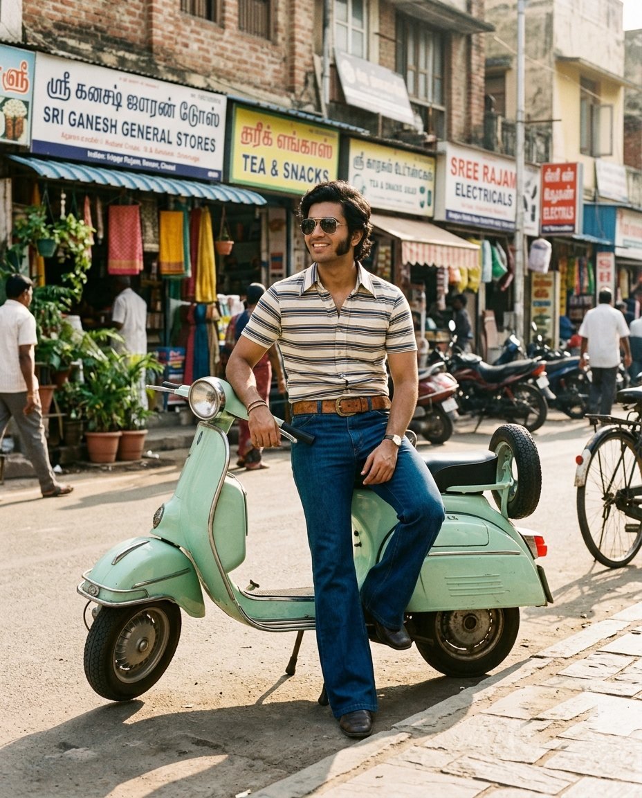 Young man in aviator sunglasses leaning against a pastel scooter outside shops on a sunny Sunday