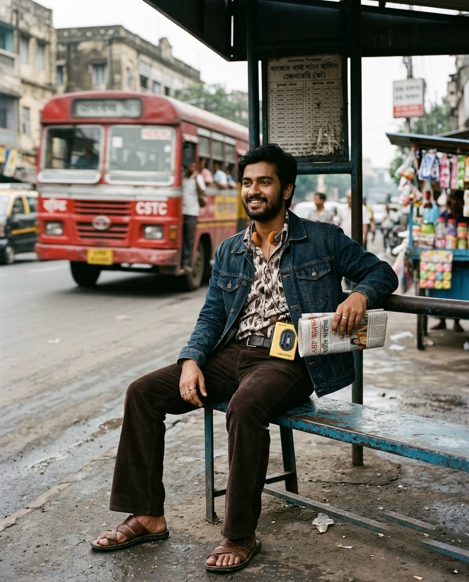 Young man on a metal bench at a bus stop with a yellow cassette player and headphones around his neck