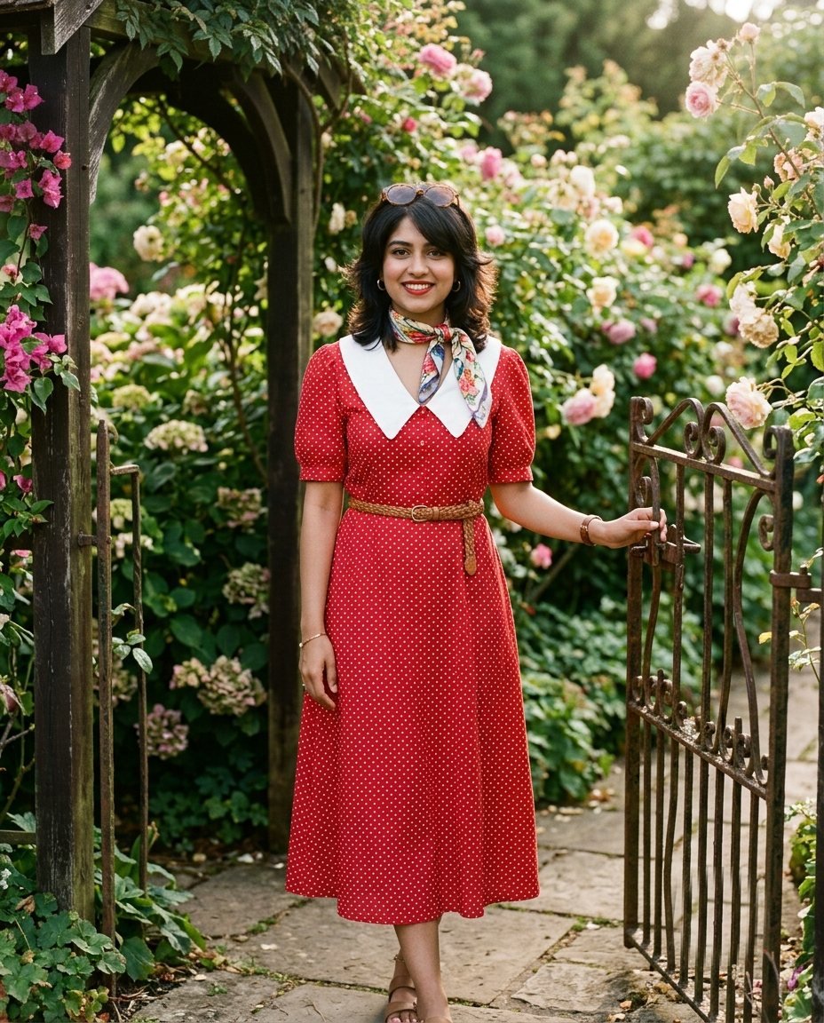 Young woman in a red polka-dot dress and round sunglasses by a garden gate with a flowering hedge