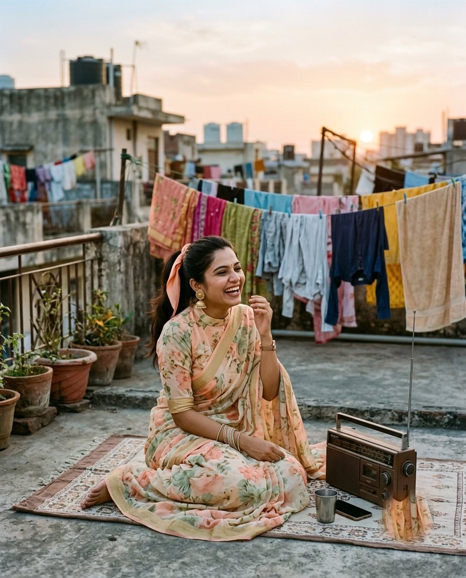 Young woman in a pastel chiffon saree laughing on a rooftop terrace beside a transistor radio