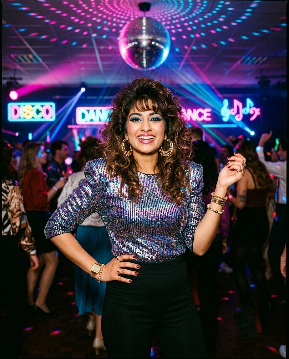 Young woman in a sequin top with padded shoulders under coloured lights and a mirror ball at an 80s disco