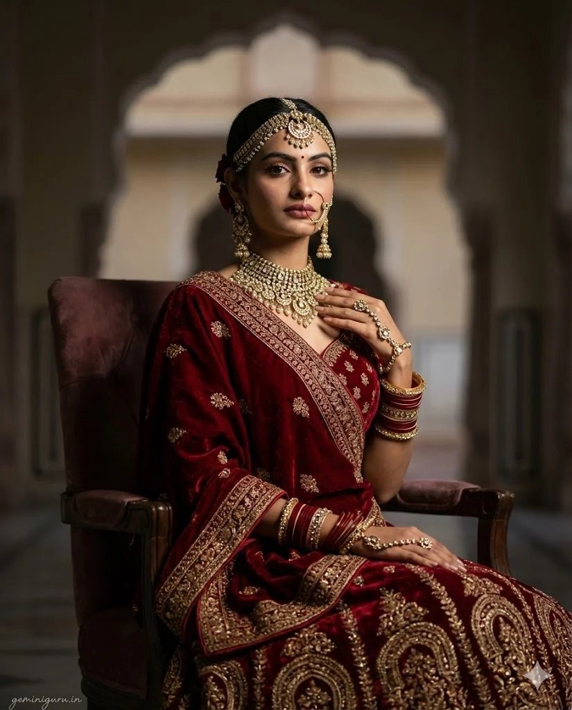 Royal heritage bridal prompt preview with red velvet lehenga and palace lighting