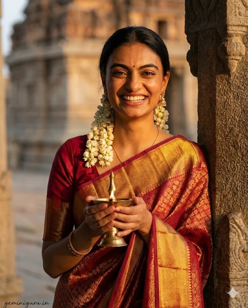 South Indian golden hour bridal prompt preview with Kanjeevaram saree and temple background