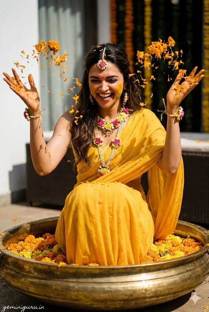 Haldi ceremony bridal prompt preview with yellow outfit, marigold flowers, and joyful motion