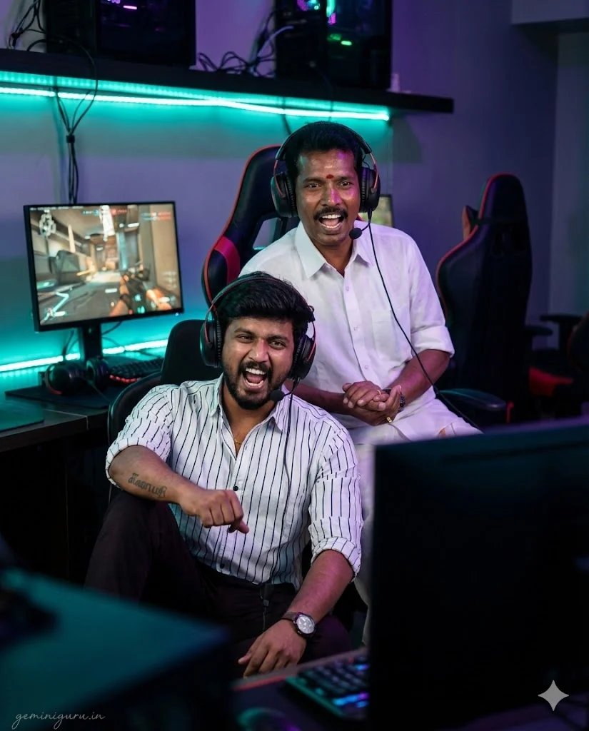 2. The Gamer Duo (Neon Setup) AI prompt example