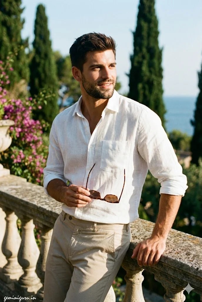 Gemini AI boy style prompt preview with white linen shirt, beige chinos, luxury villa garden, and hard afternoon light