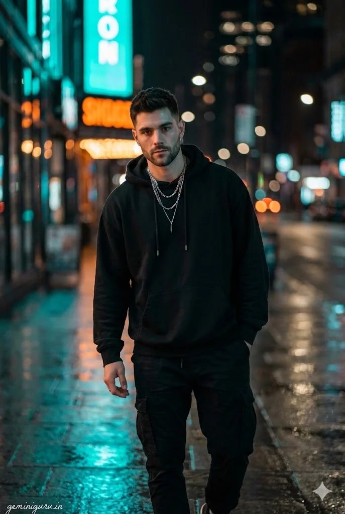 Gemini AI boy style prompt preview with oversized hoodie, cargo pants, neon city street, rain reflections, and cinematic lighting