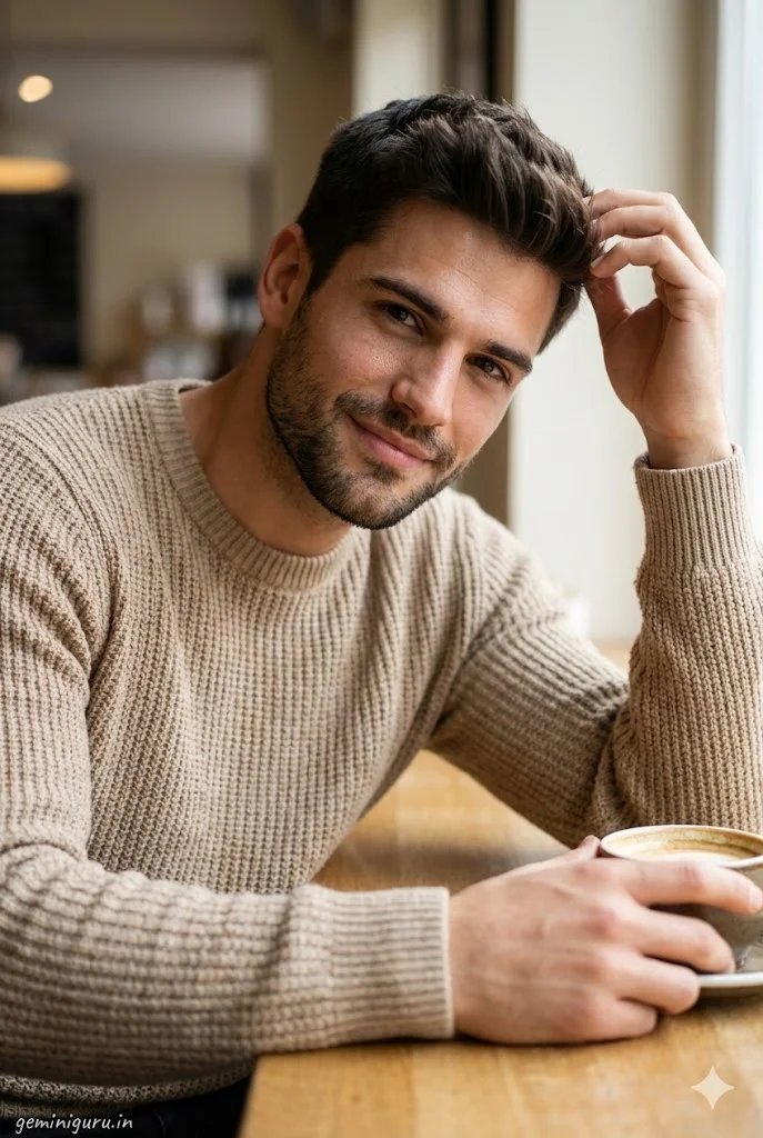 Gemini AI boy style prompt preview with cozy cafe, knit sweater, coffee cup, soft window light, and creamy bokeh