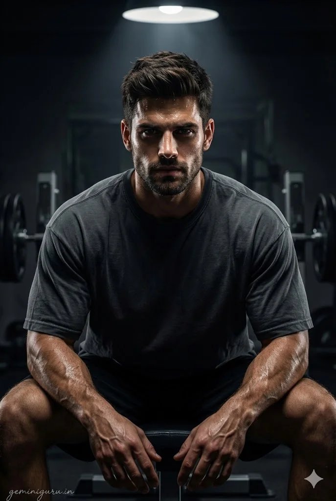 Gemini AI boy style prompt preview with dim gym, fitness outfit, overhead spotlight, muscle definition, and moody shadows