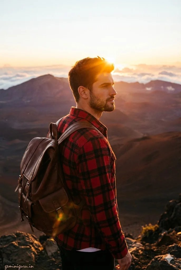 Gemini AI boy style prompt preview with mountain overlook, flannel shirt, travel backpack, sunset rim light, and lens flare