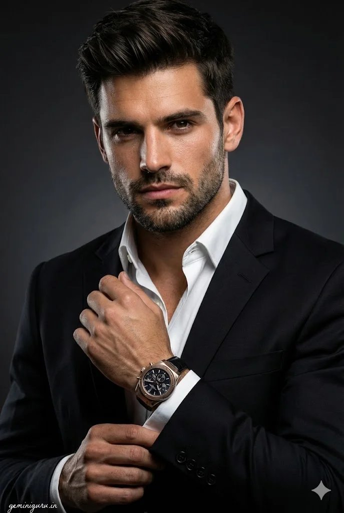 Gemini AI boy style prompt preview with all-black fitted suit, white shirt, studio strobe light, and dark grey backdrop