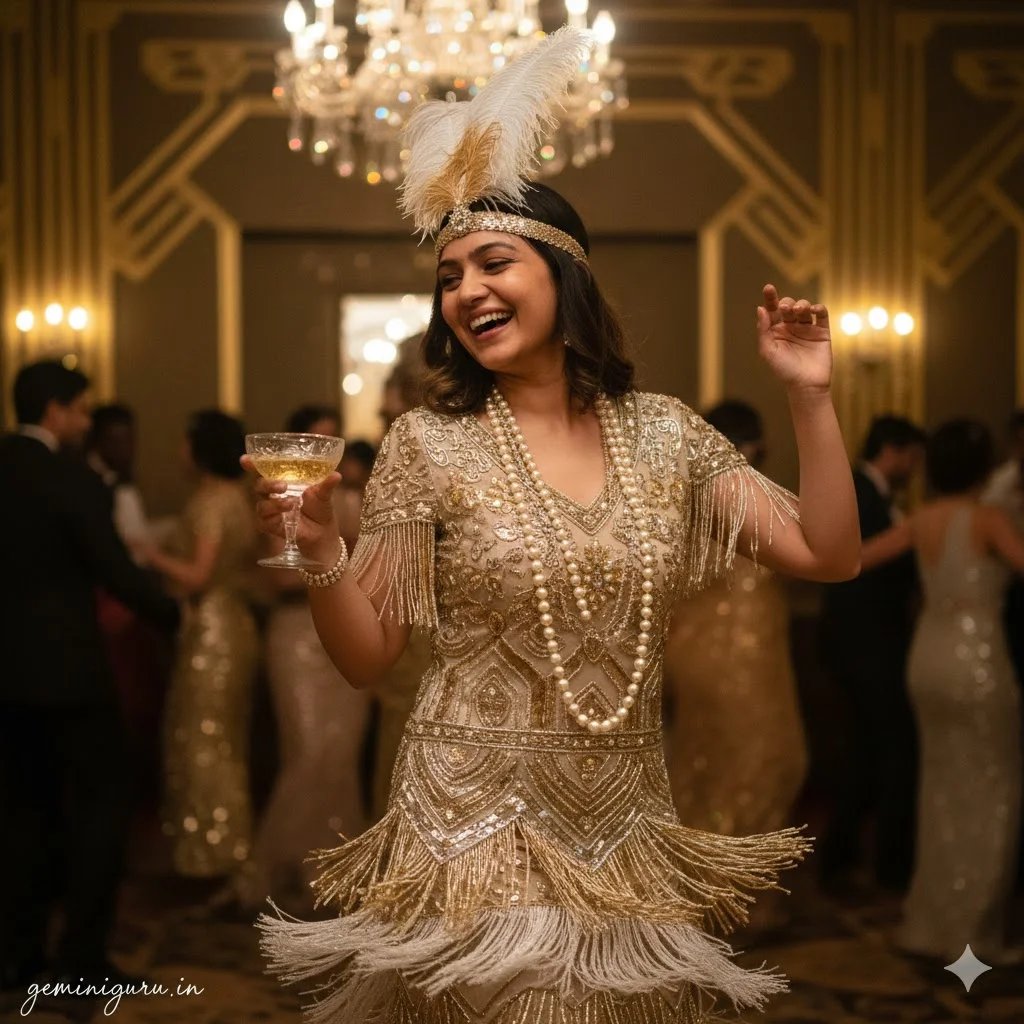 Roaring twenties flapper dress prompt preview with beaded dress, feather headband, and golden party light