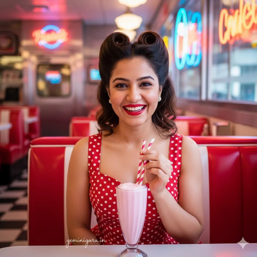 Fifties diner dress prompt preview with polka dot swing dress, retro diner, and Technicolor lighting