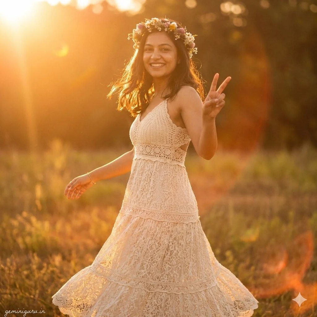 Seventies boho dress prompt preview with crochet maxi dress, flower crown, and golden hour lens flare