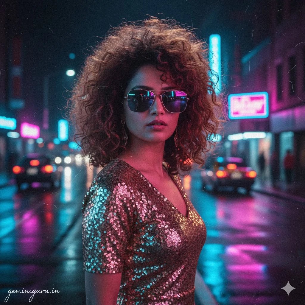 Eighties neon power dress prompt preview with oversized blazer, neon city light, and VHS grain