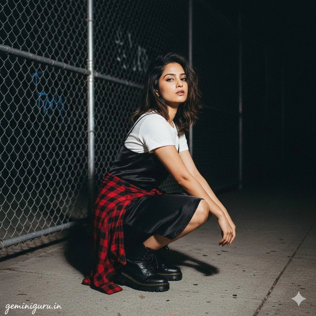 Nineties grunge slip dress prompt preview with slip dress, combat boots, and direct flash street lighting