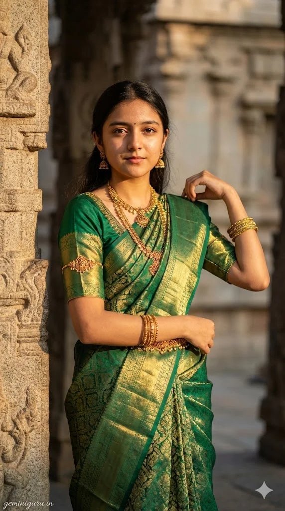 Royal silk saree prompt preview with emerald Kanjeevaram saree and temple jewelry