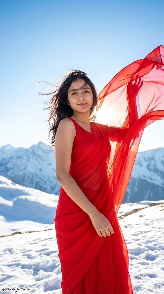 Bollywood chiffon saree prompt preview with red flowy saree and bright mountain light