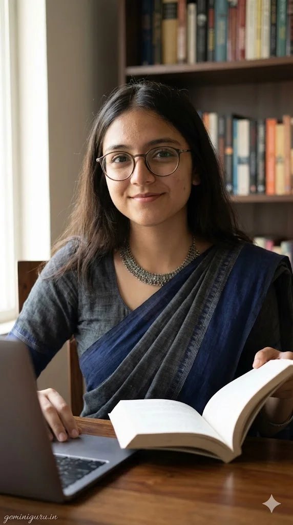 Office cotton saree prompt preview with handloom fabric, desk setting, and soft window light