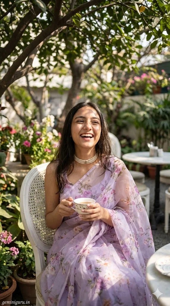 Floral organza saree prompt preview with pastel saree, garden cafe, and airy daylight