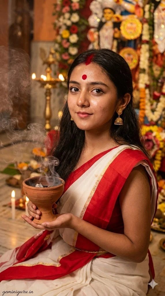 Bengali Durga Puja saree prompt preview with white red border saree and festive lamp light