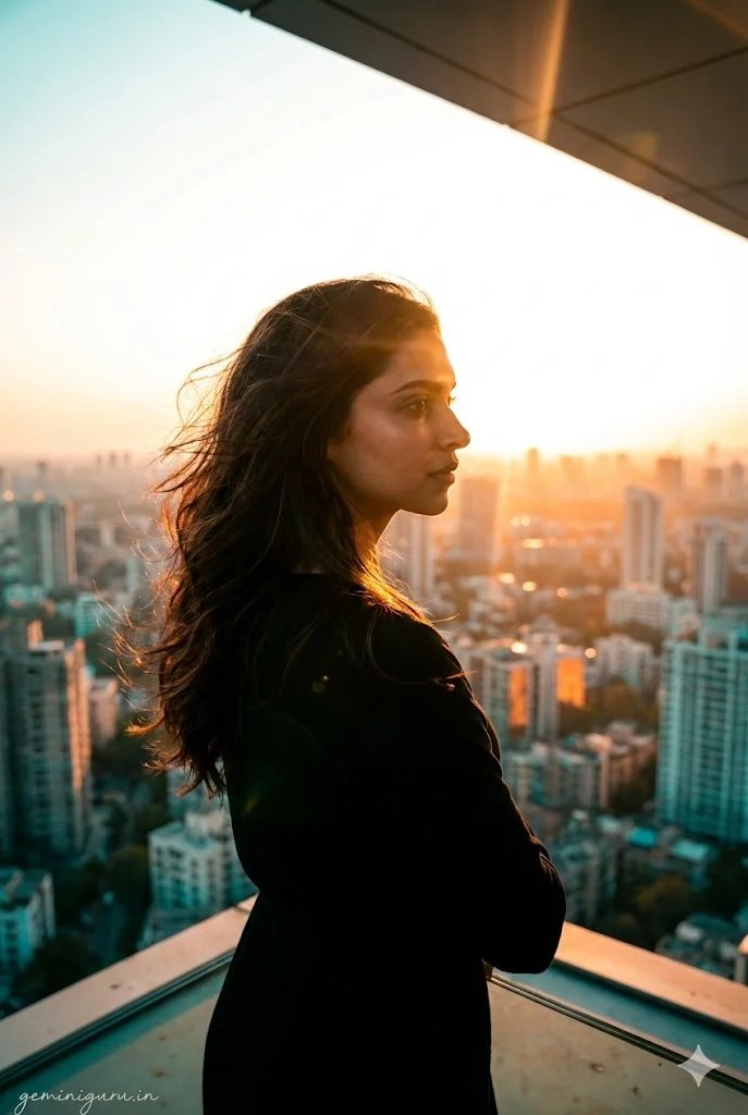 Rooftop golden hour prompt preview with sunset city skyline and cinematic rim light