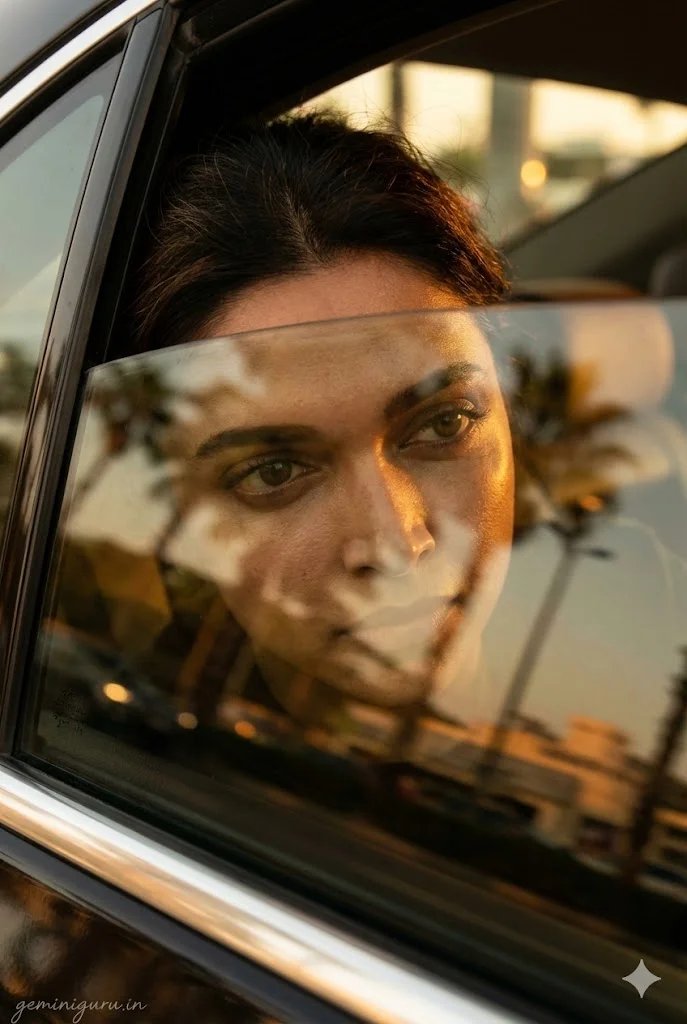 Car window golden hour prompt preview with sunset reflection and cinematic portrait mood
