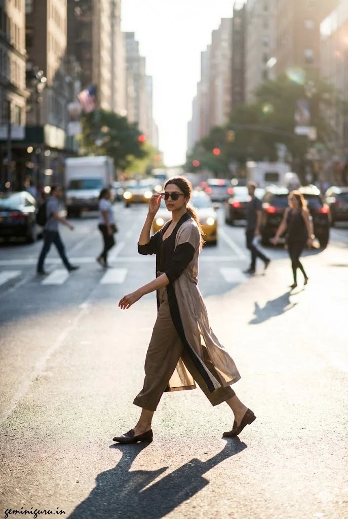 Street fashion golden hour prompt preview with city walk, long shadows, and lens flare
